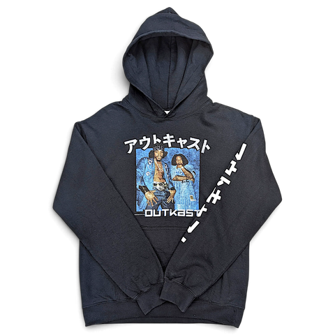 JAKE & IPI black hoodie featuring an Outkast graphic print with Japanese text on the front and sleeve