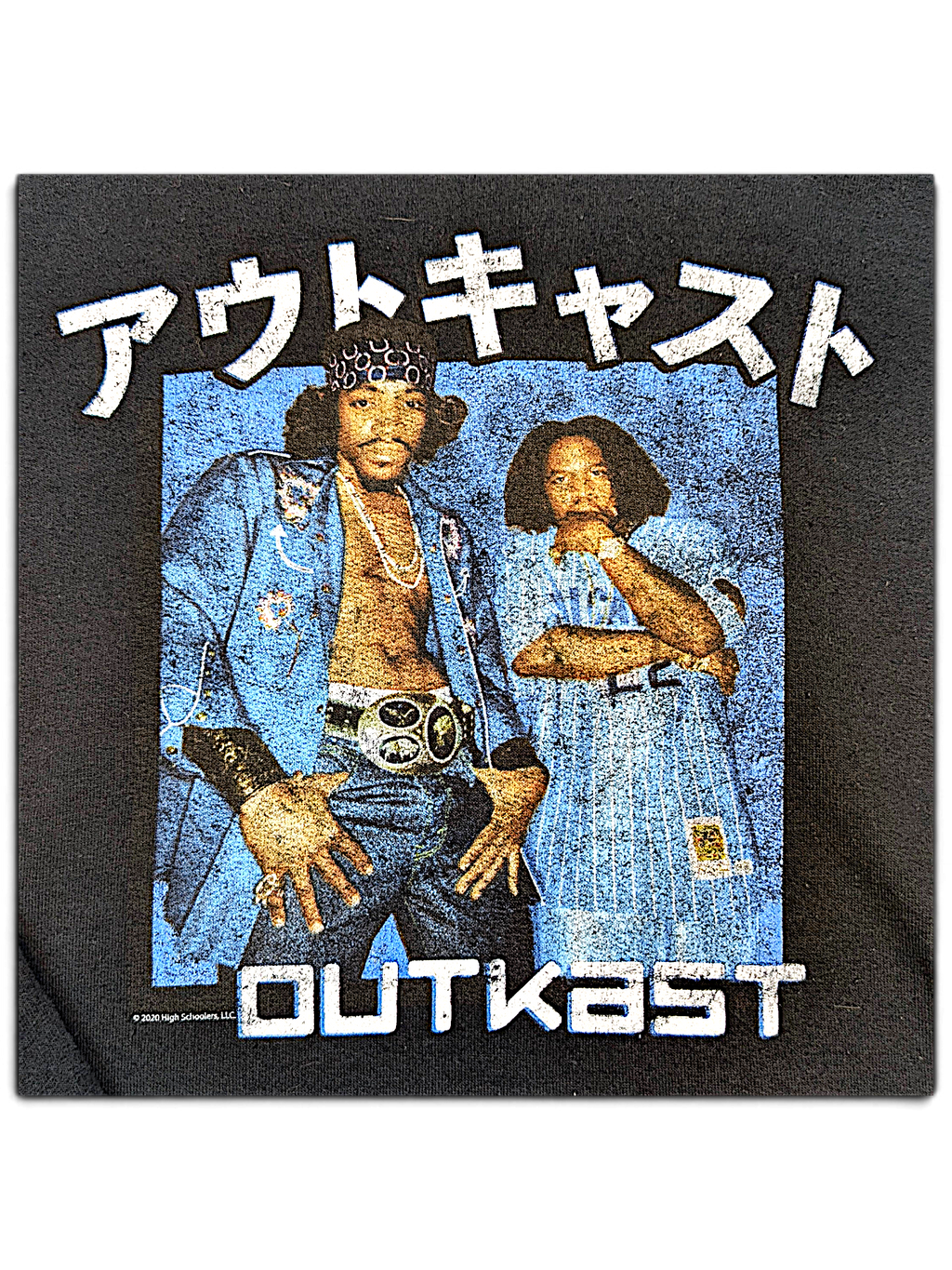 JAKE & IPI black hoodie featuring a vintage-style Outkast graphic print with Japanese text and a front pouch pocket