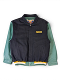JAKE & IPI Jeff Hamilton Green Bay Packers varsity jacket with black wool body, green leather sleeves, and snap buttons.