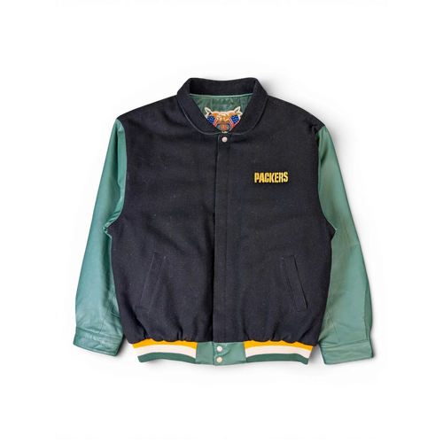 JAKE & IPI Jeff Hamilton Green Bay Packers varsity jacket with black wool body, green leather sleeves, and snap buttons.