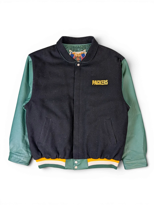 JAKE & IPI Jeff Hamilton Green Bay Packers varsity jacket with black wool body, green leather sleeves, and snap buttons.