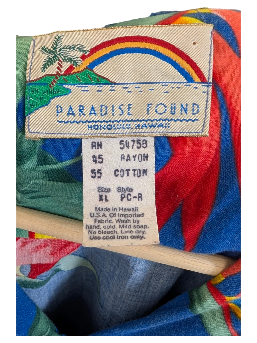 JAKE & IPI vintage Paradise Found Hawaiian shirt label showing rayon and cotton blend fabric details