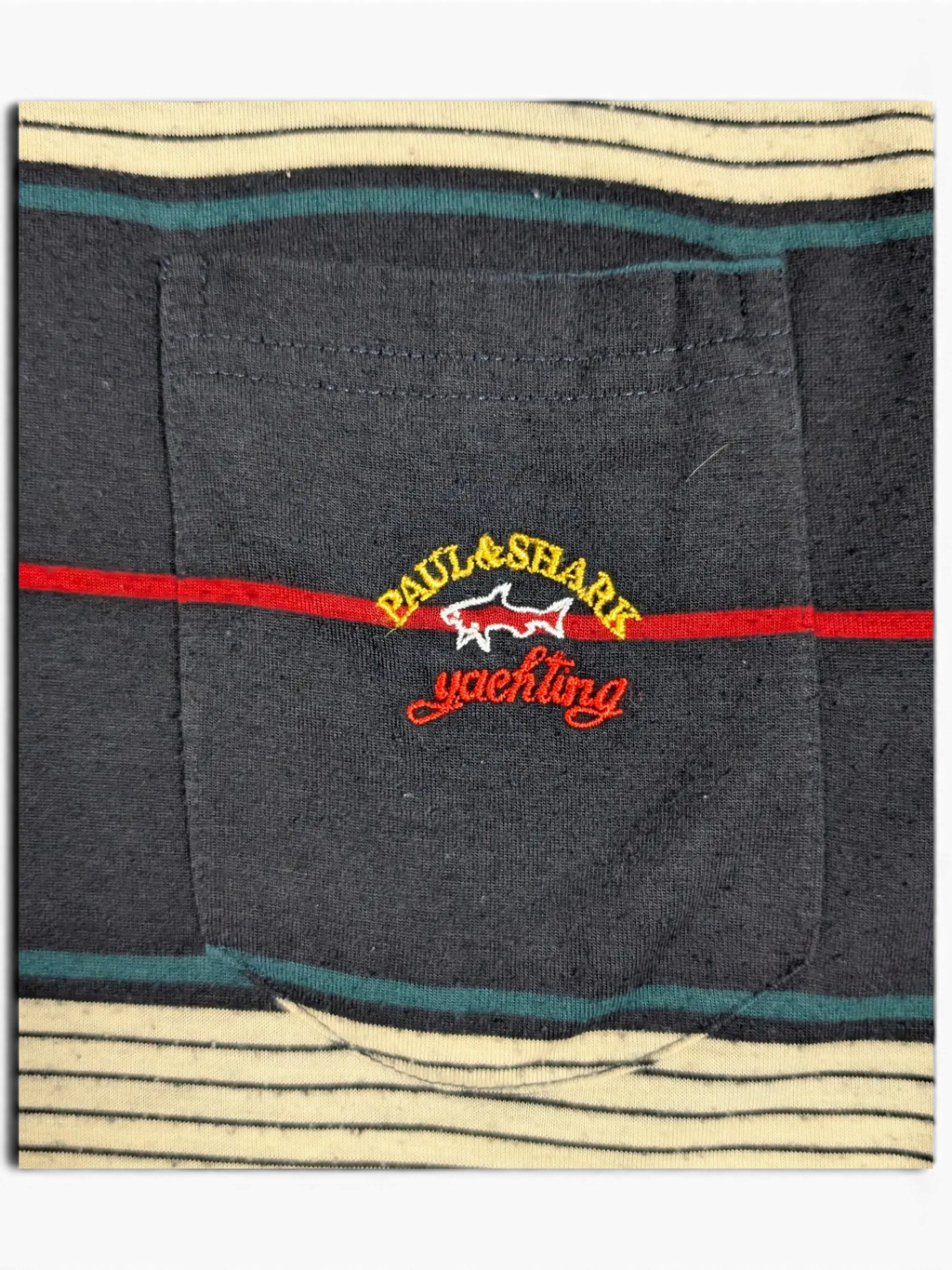 JAKE & IPI pre-owned Paul & Shark Yachting striped polo shirt in navy, cream, green, and red with a chest pocket.