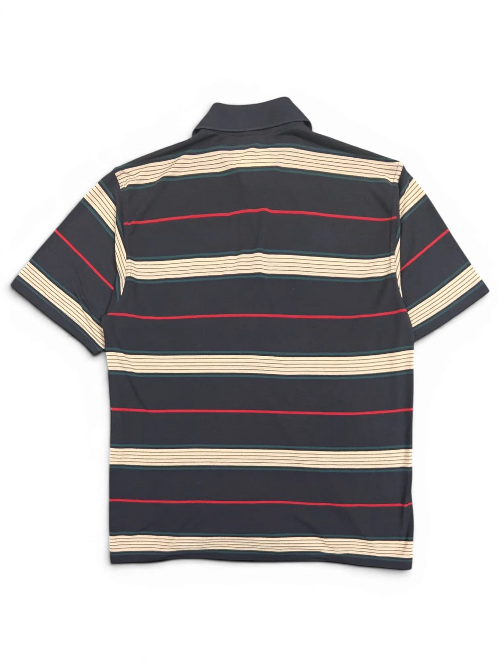 JAKE & IPI pre-owned Paul & Shark Yachting striped polo shirt in navy, cream, green, and red, back view.