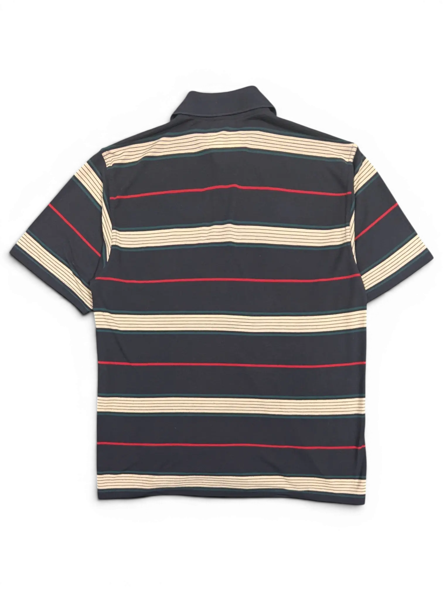JAKE & IPI pre-owned Paul & Shark Yachting striped polo shirt in navy, cream, green, and red, back view.