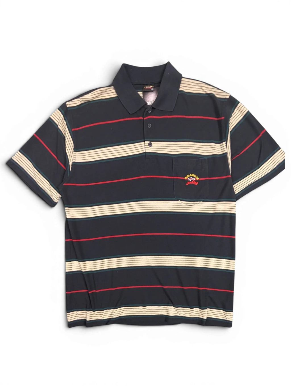 JAKE & IPI pre-owned Paul & Shark Yachting striped polo shirt in navy, cream, green, and red with a chest pocket.