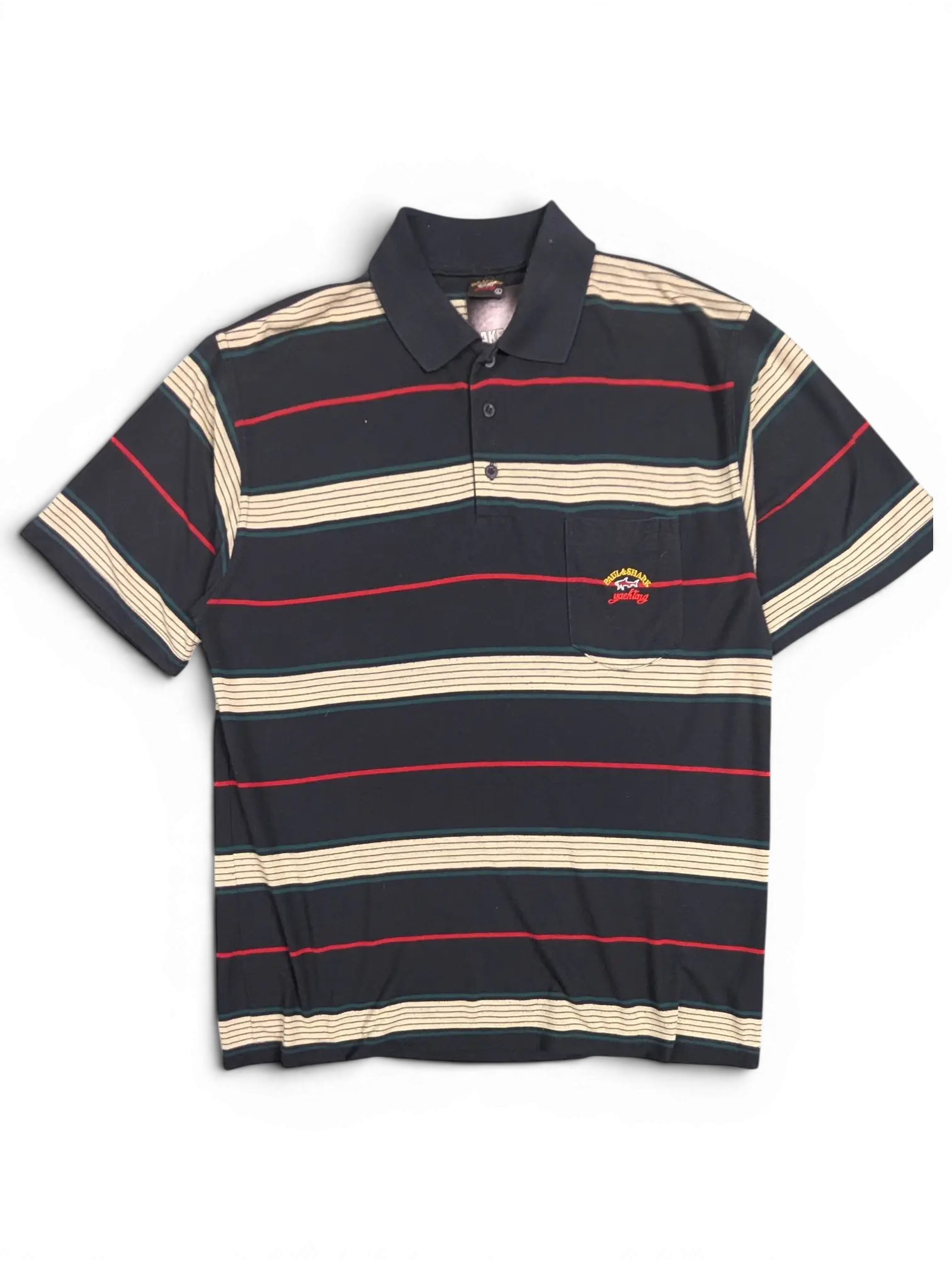 JAKE & IPI pre-owned Paul & Shark Yachting striped polo shirt in navy, cream, green, and red with a chest pocket.