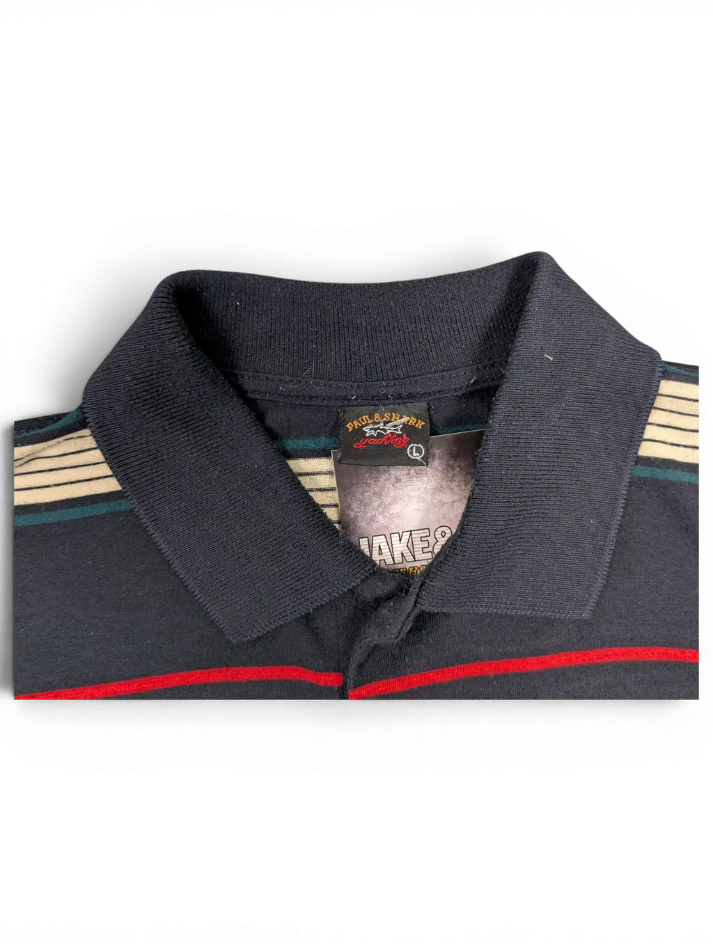 JAKE & IPI pre-owned Paul & Shark Yachting striped polo shirt in navy, cream, green, and red with a ribbed collar.