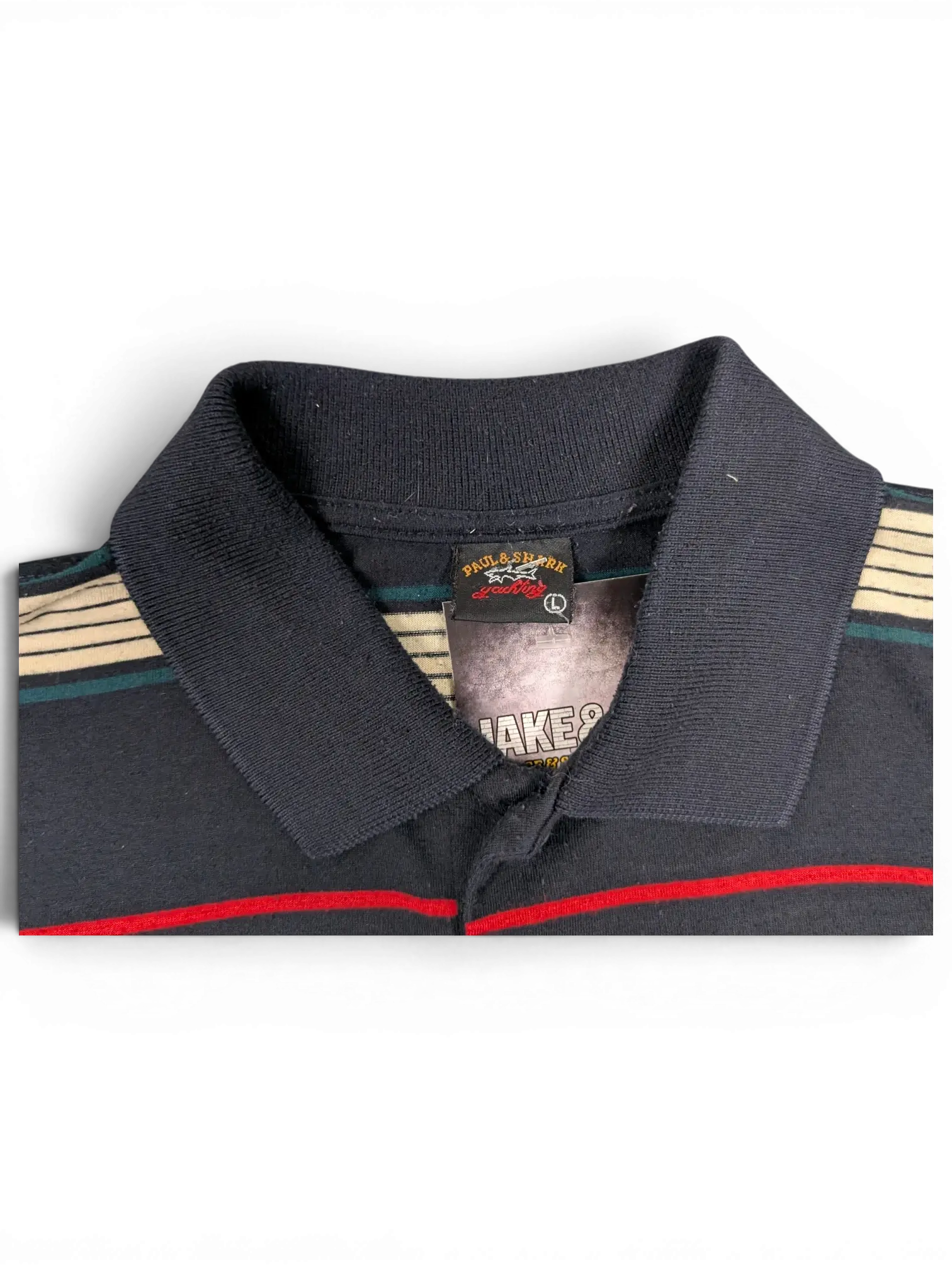 JAKE & IPI pre-owned Paul & Shark Yachting striped polo shirt in navy, cream, green, and red with a ribbed collar.
