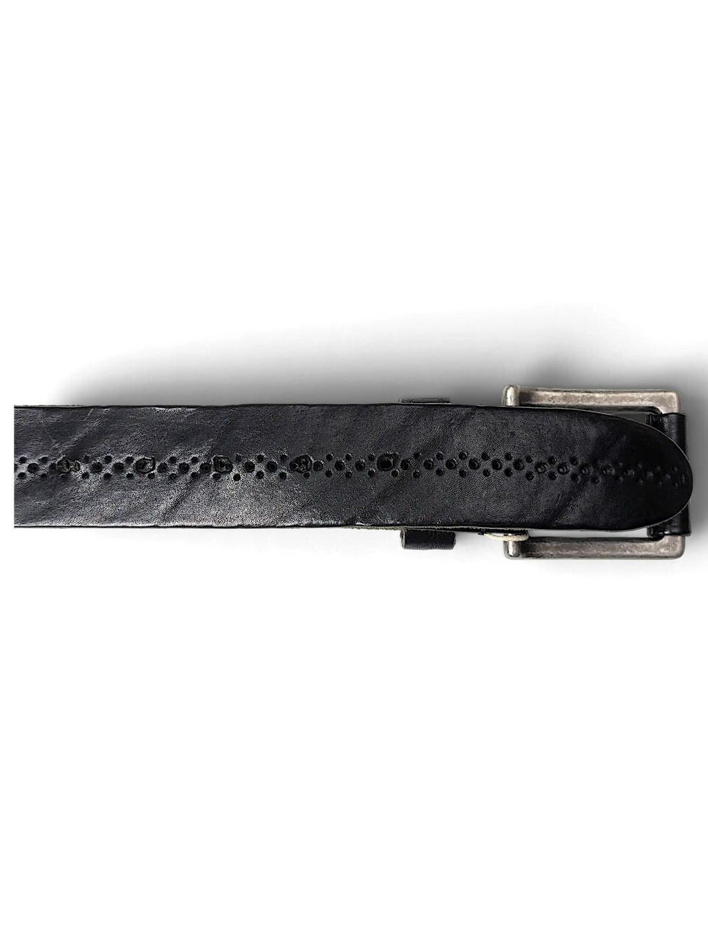JAKE & IPI Pepe Jeans black leather belt featuring a perforated pattern and a distressed silver-tone metal buckle.
