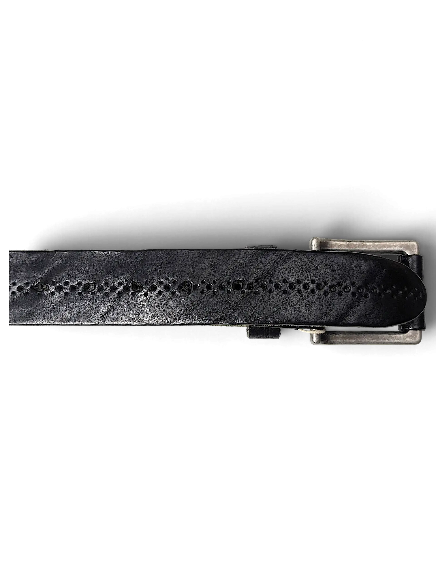 JAKE & IPI Pepe Jeans black leather belt featuring a perforated pattern and a distressed silver-tone metal buckle.