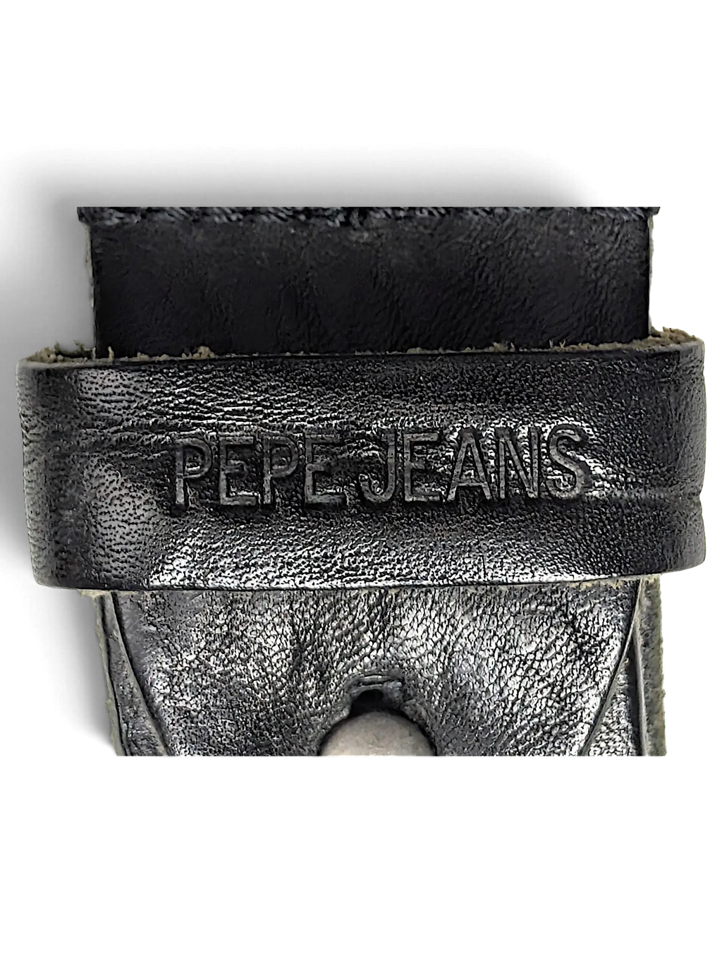 JAKE & IPI black leather Pepe Jeans belt featuring an embossed logo on the leather keeper loop