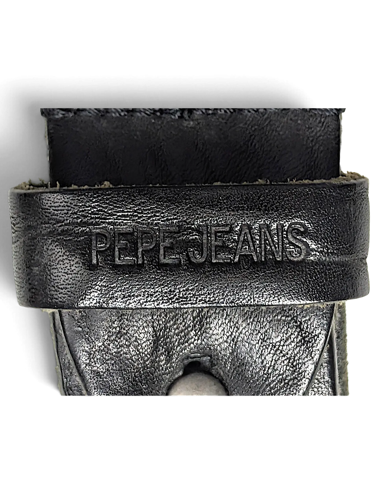 JAKE & IPI black leather Pepe Jeans belt featuring an embossed logo on the leather keeper loop