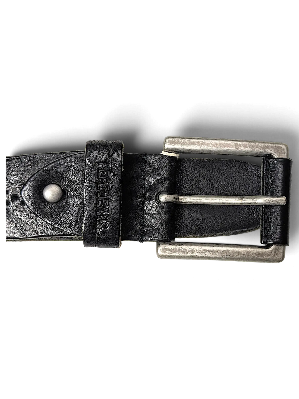 JAKE & IPI Pepe Jeans black leather belt with a distressed silver-tone metal buckle and embossed logo detail
