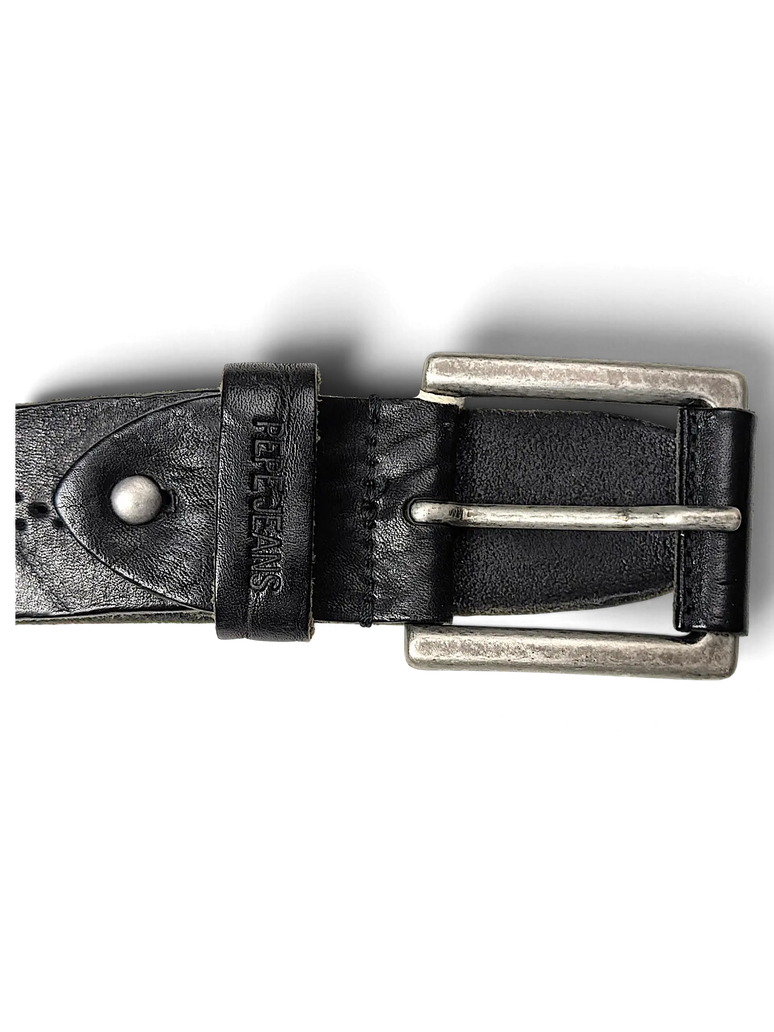 JAKE & IPI Pepe Jeans black leather belt with a distressed silver-tone metal buckle and embossed logo detail