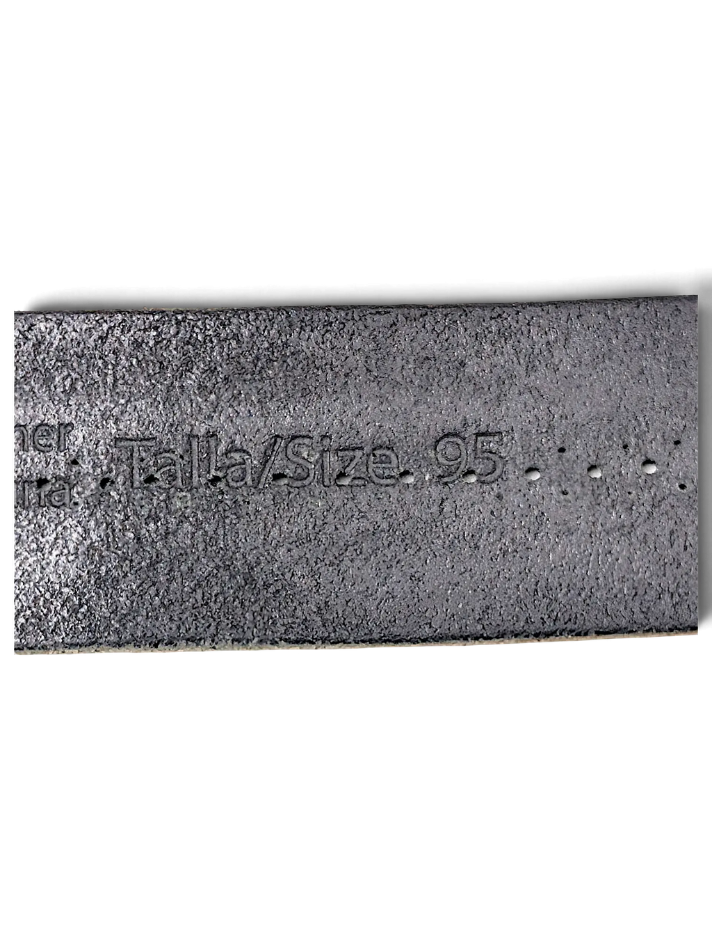 JAKE & IPI Pepe Jeans black leather belt showing size 95 embossed on the inner strap