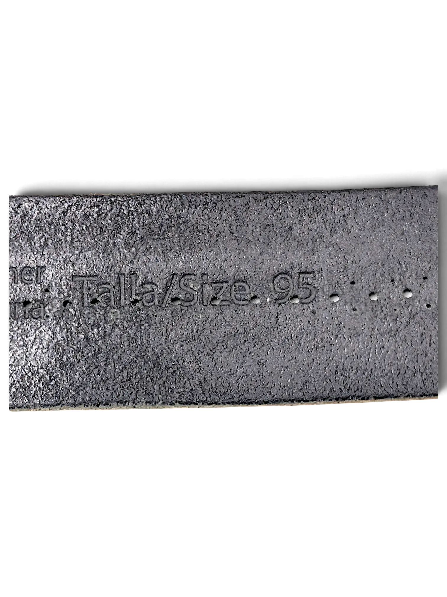 JAKE & IPI Pepe Jeans black leather belt showing size 95 embossed on the inner strap