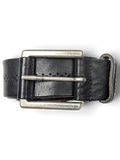 JAKE & IPI Pepe Jeans black leather belt with a distressed silver metal buckle and perforated edge detailing.