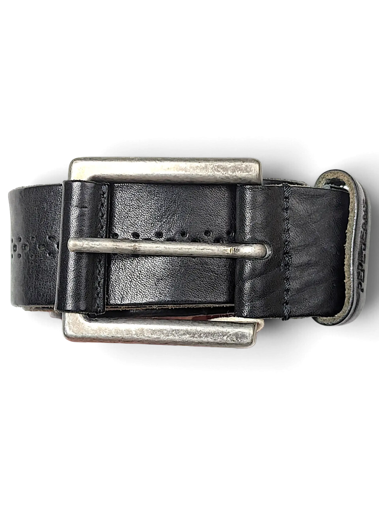 JAKE & IPI Pepe Jeans black leather belt with a distressed silver metal buckle and perforated edge detailing.