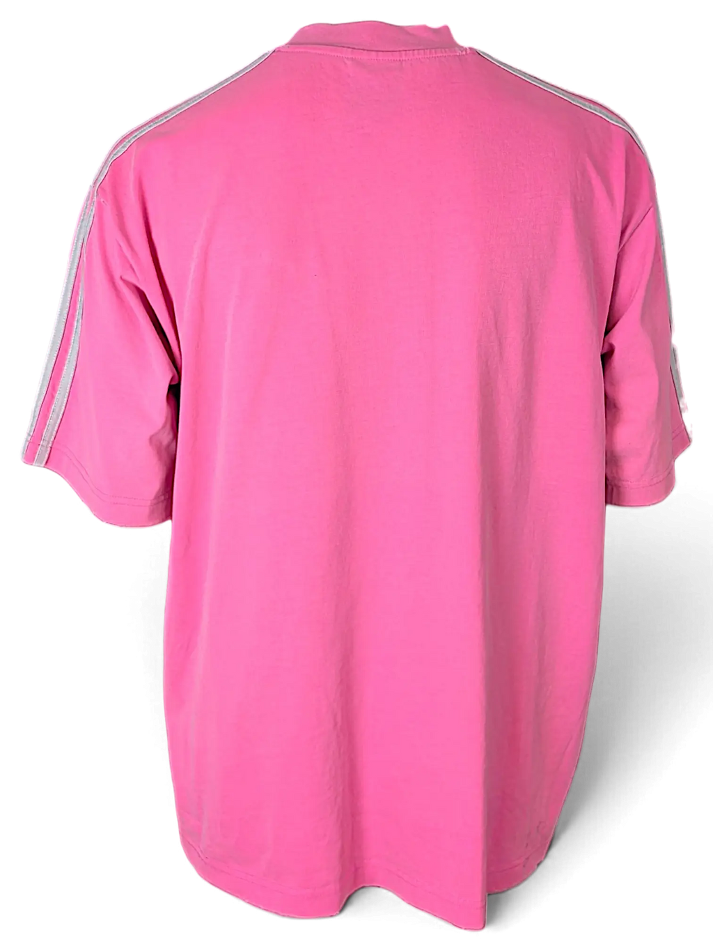 Back view of a JAKE & IPI pink Balenciaga x Adidas cotton T-shirt with signature three-stripe sleeve detailing.
