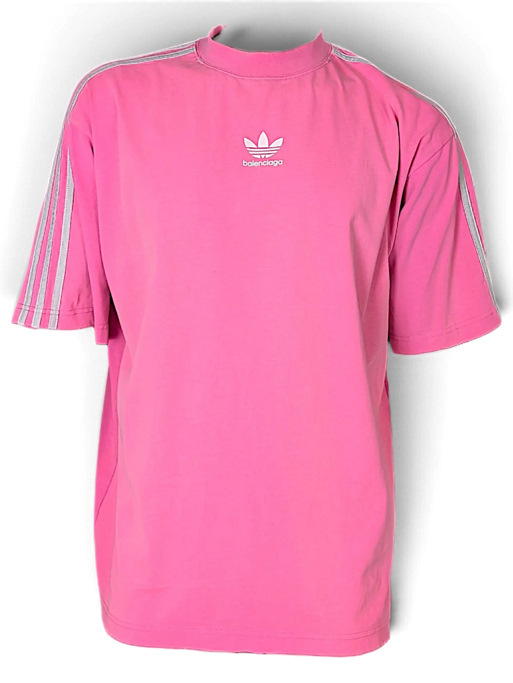 JAKE & IPI pink Balenciaga x Adidas oversized cotton T-shirt with white logo and signature three-stripe sleeves.