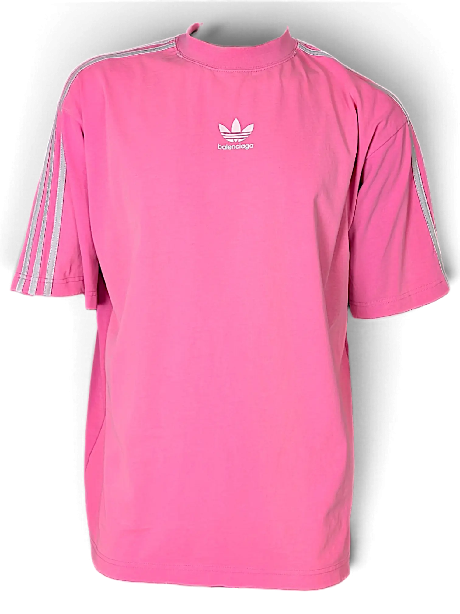 JAKE & IPI pink Balenciaga x Adidas oversized cotton T-shirt with white logo and signature three-stripe sleeves.