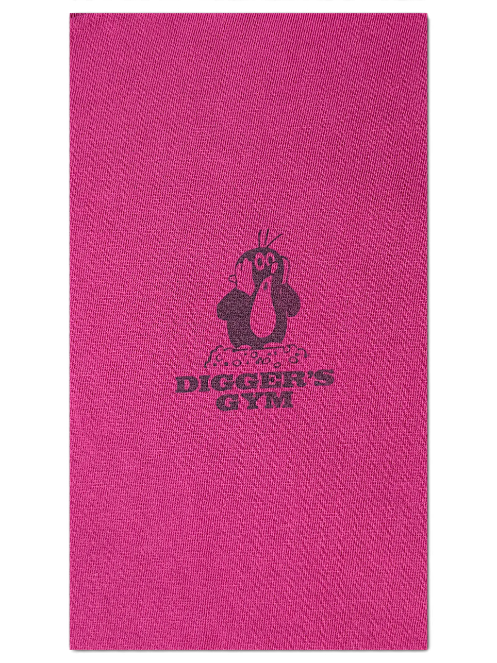 JAKE & IPI hot pink cotton gym t-shirt featuring a black mole character graphic and Digger's Gym text logo