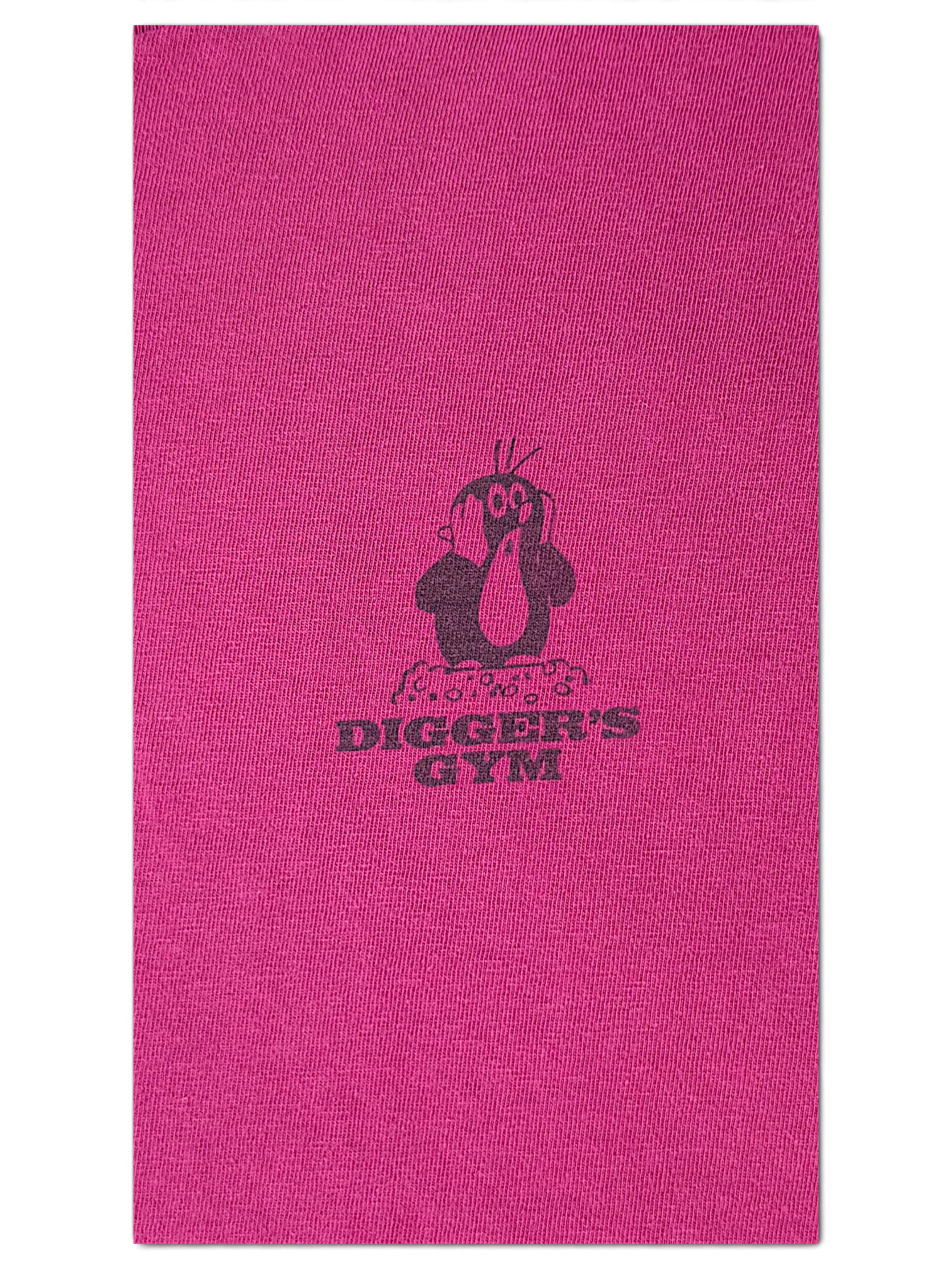 JAKE & IPI hot pink cotton gym t-shirt featuring a black mole character graphic and Digger's Gym text logo