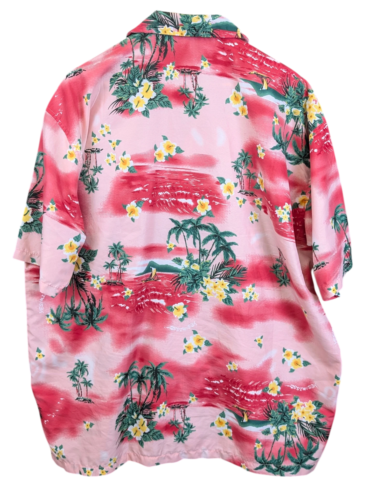 JAKE & IPI pink Hawaiian shirt featuring a tropical beach landscape print with palm trees and yellow hibiscus flowers.