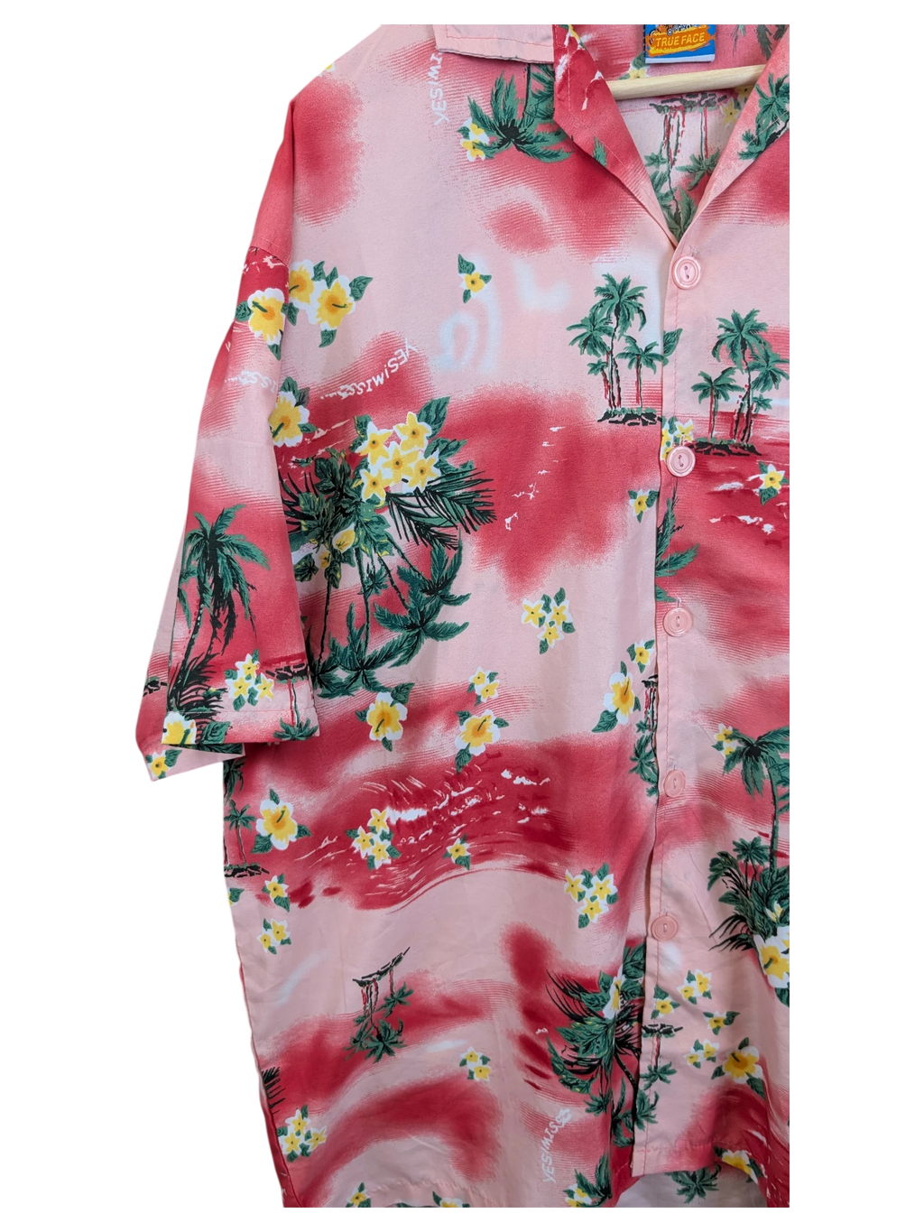 JAKE & IPI pink Hawaiian shirt featuring a tropical palm tree and yellow hibiscus floral print with button-down front