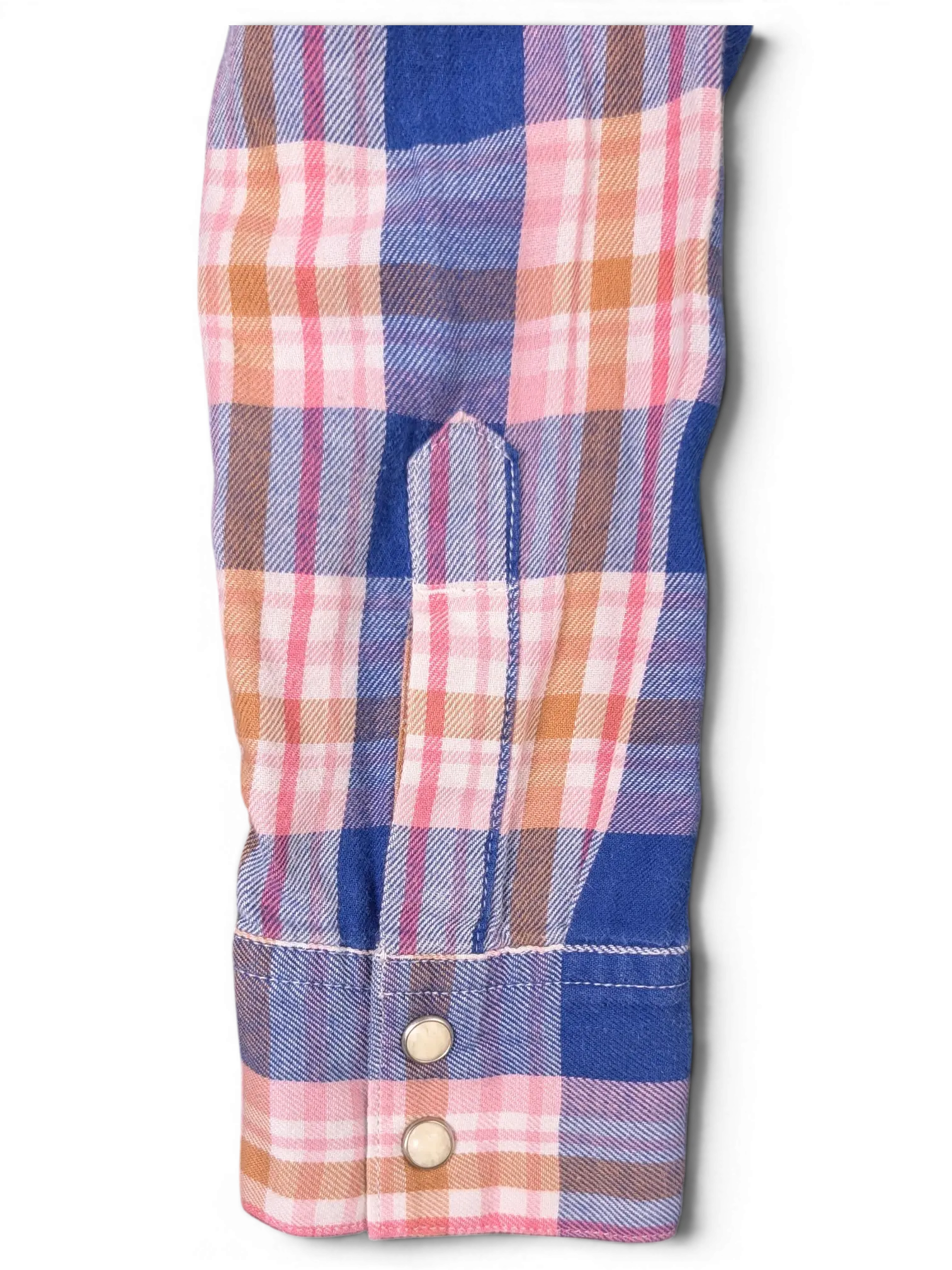 JAKE & IPI vintage long sleeve plaid shirt sleeve in blue, pink, and beige with snap button cuff detail