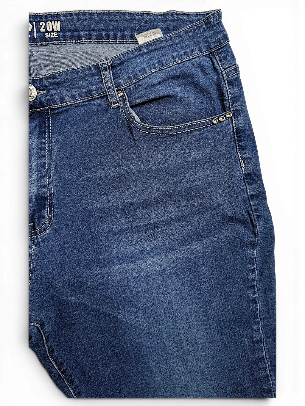 JAKE & IPI plus size 20W blue denim jeans with subtle fading and decorative silver stud detailing on the pocket