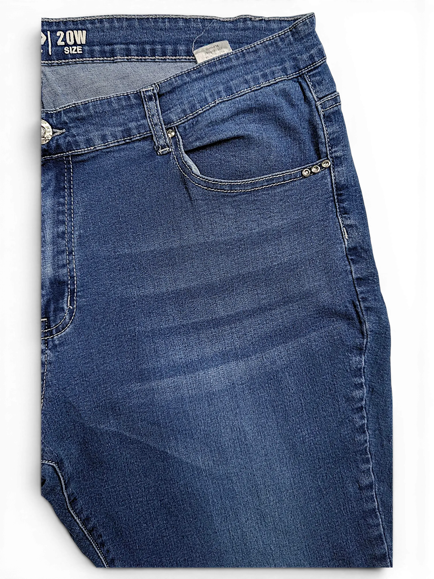 JAKE & IPI plus size 20W blue denim jeans with subtle fading and decorative silver stud detailing on the pocket