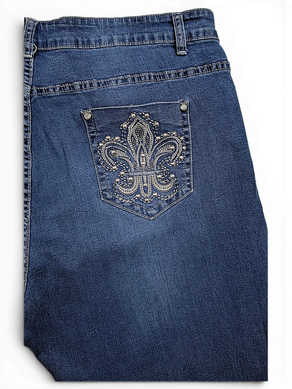 JAKE & IPI plus size blue denim jeans featuring a back pocket with an intricate silver stud fleur-de-lis design.