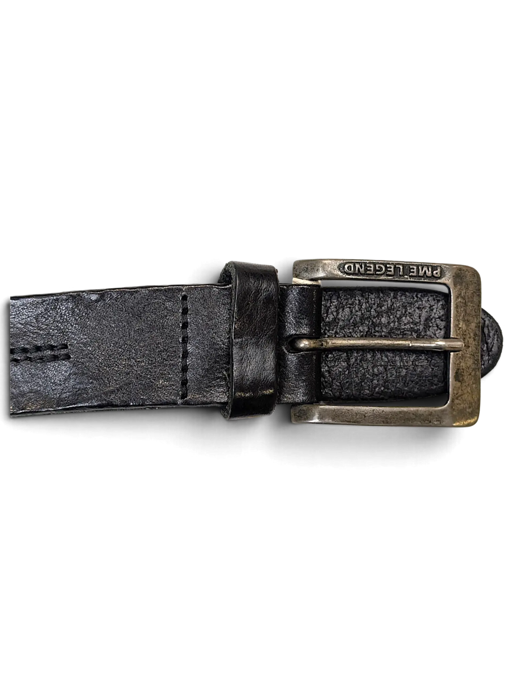 JAKE & IPI PME Legend black leather belt featuring a distressed metal buckle with engraved branding