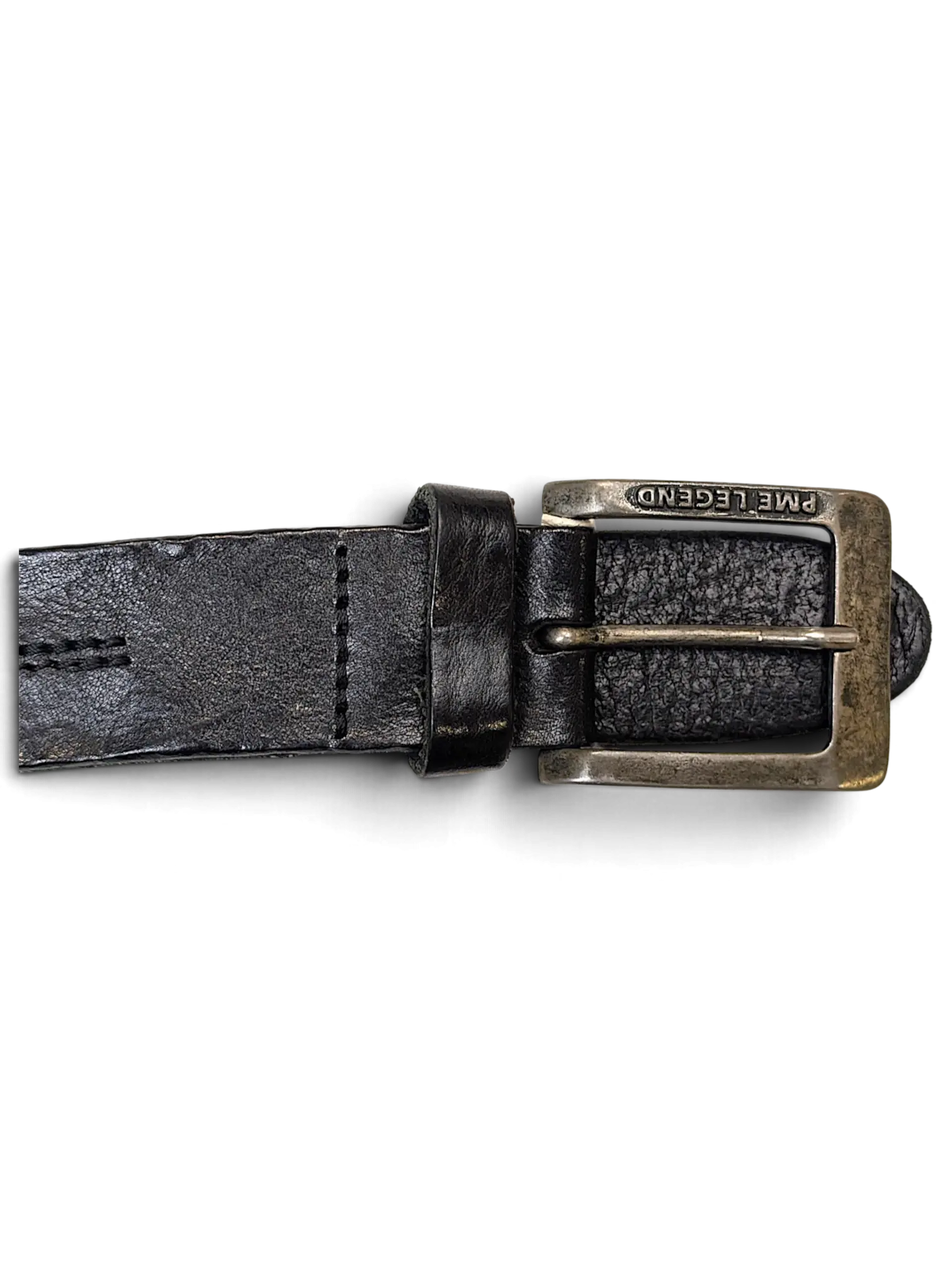 JAKE & IPI PME Legend black leather belt featuring a distressed metal buckle with engraved branding