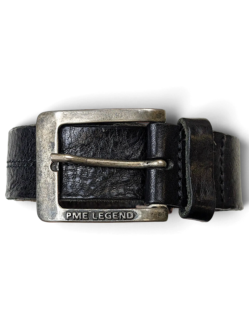 JAKE & IPI PME Legend black leather belt featuring a distressed metal buckle with engraved branding