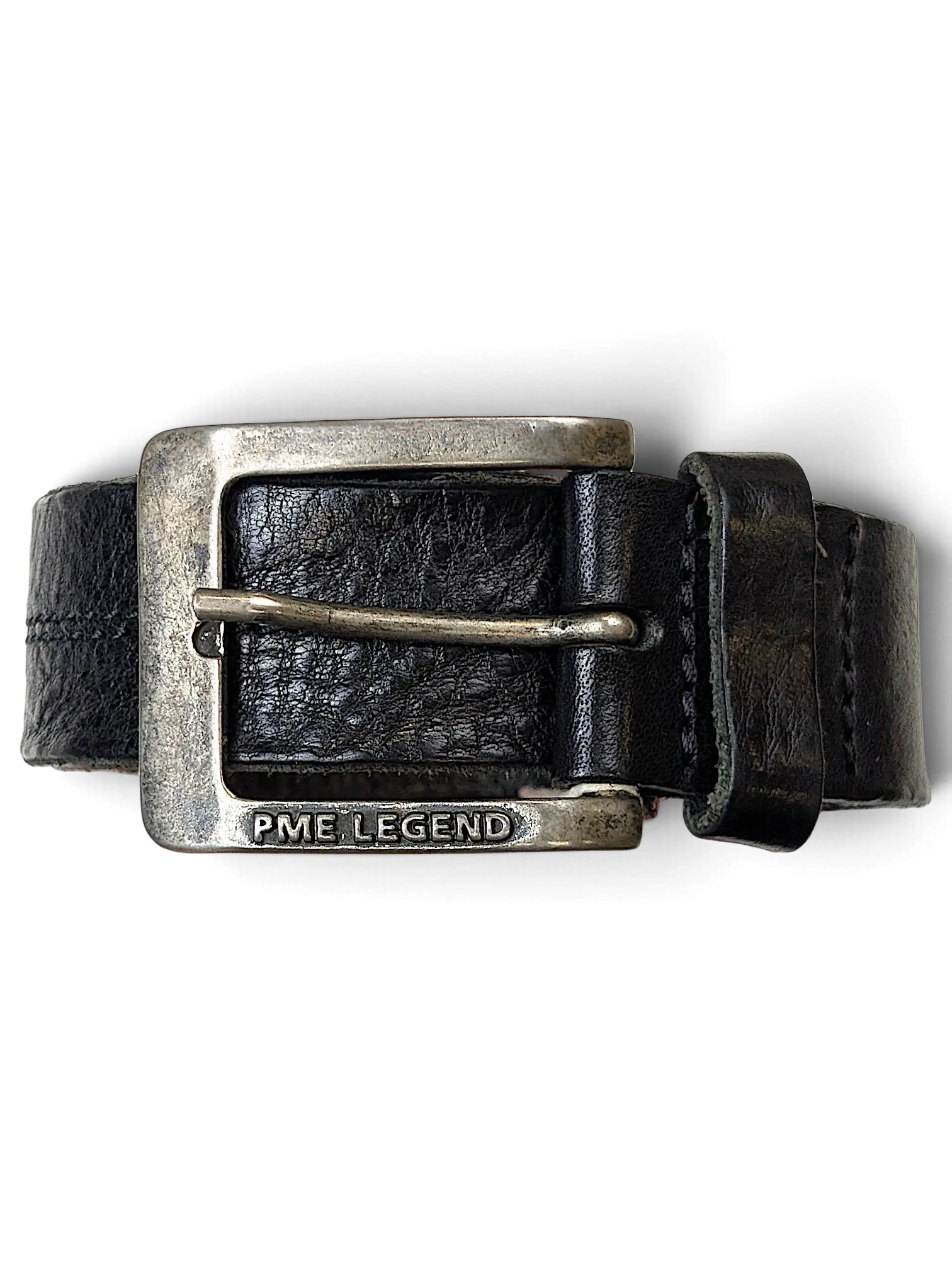 JAKE & IPI PME Legend black leather belt featuring a distressed metal buckle with engraved branding