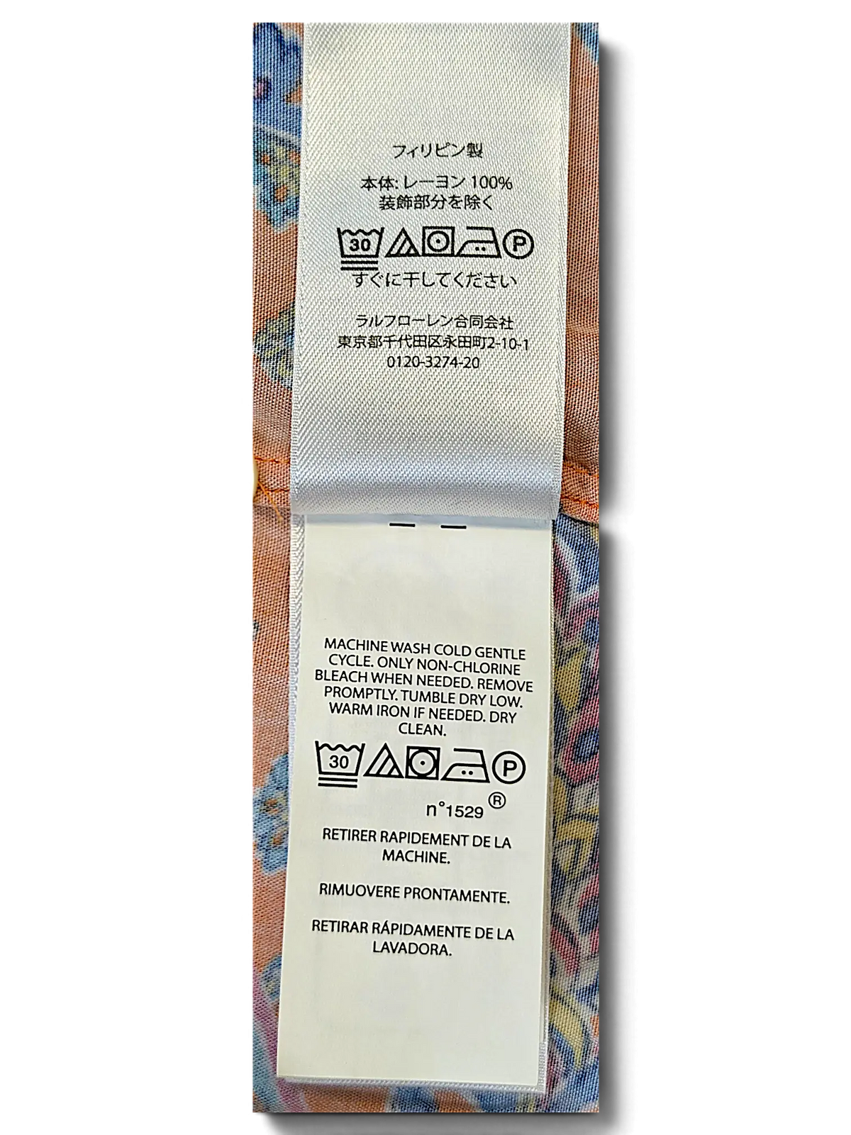 JAKE & IPI IBE Polo Multicolor Shirt care label with washing instructions in Japanese and English on rayon fabric