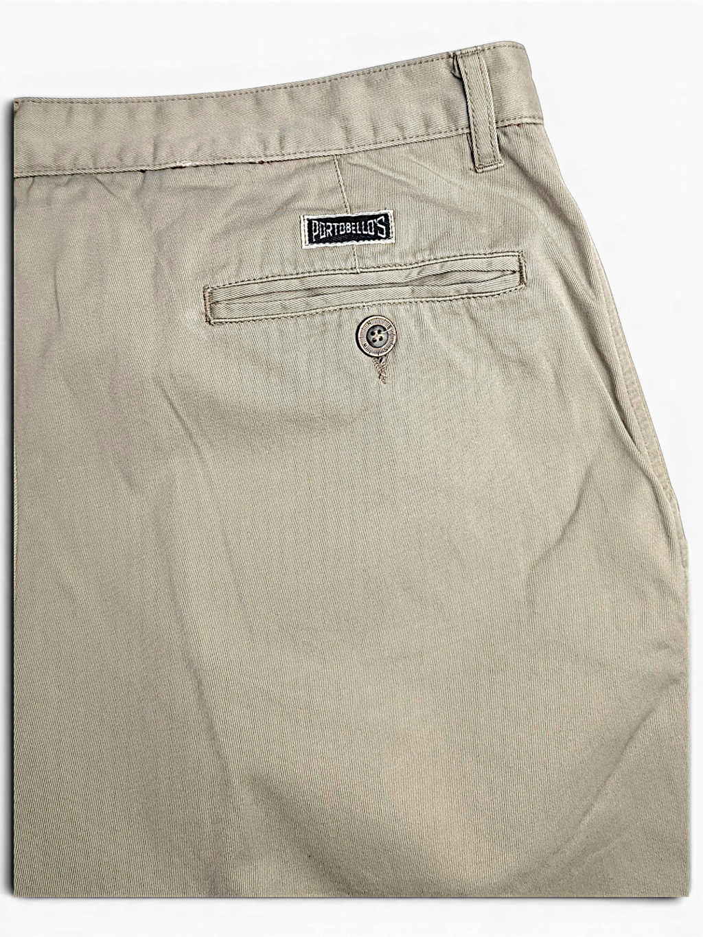JAKE & IPI Portobello’s beige trousers featuring a back pocket with button closure and brand label detail.
