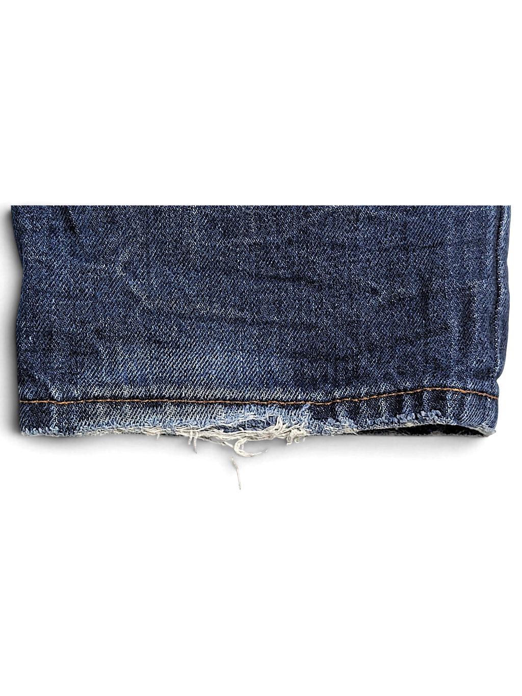 JAKE & IPI Prada blue cotton straight-leg jeans featuring a heavily frayed and distressed hem detail.