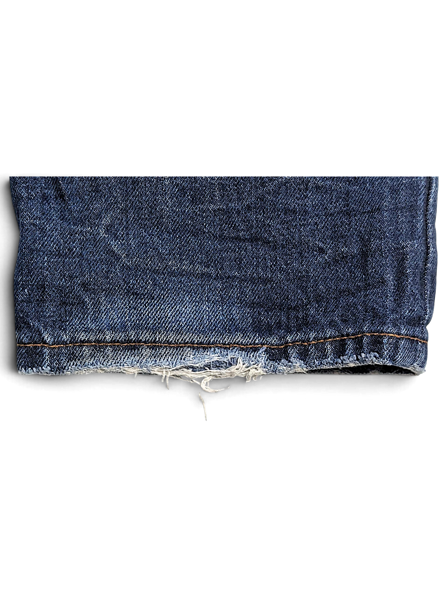 JAKE & IPI Prada blue cotton straight-leg jeans featuring a heavily frayed and distressed hem detail.
