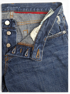 JAKE & IPI Prada blue cotton straight-leg jeans featuring a button fly and distressed pocket details.