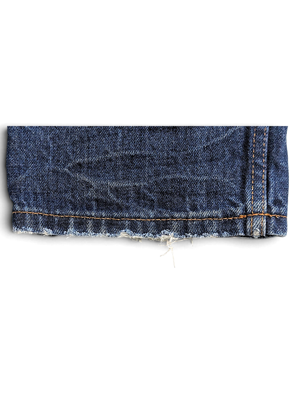 JAKE & IPI Prada blue cotton straight-leg jeans featuring a heavily frayed and distressed hem detail.