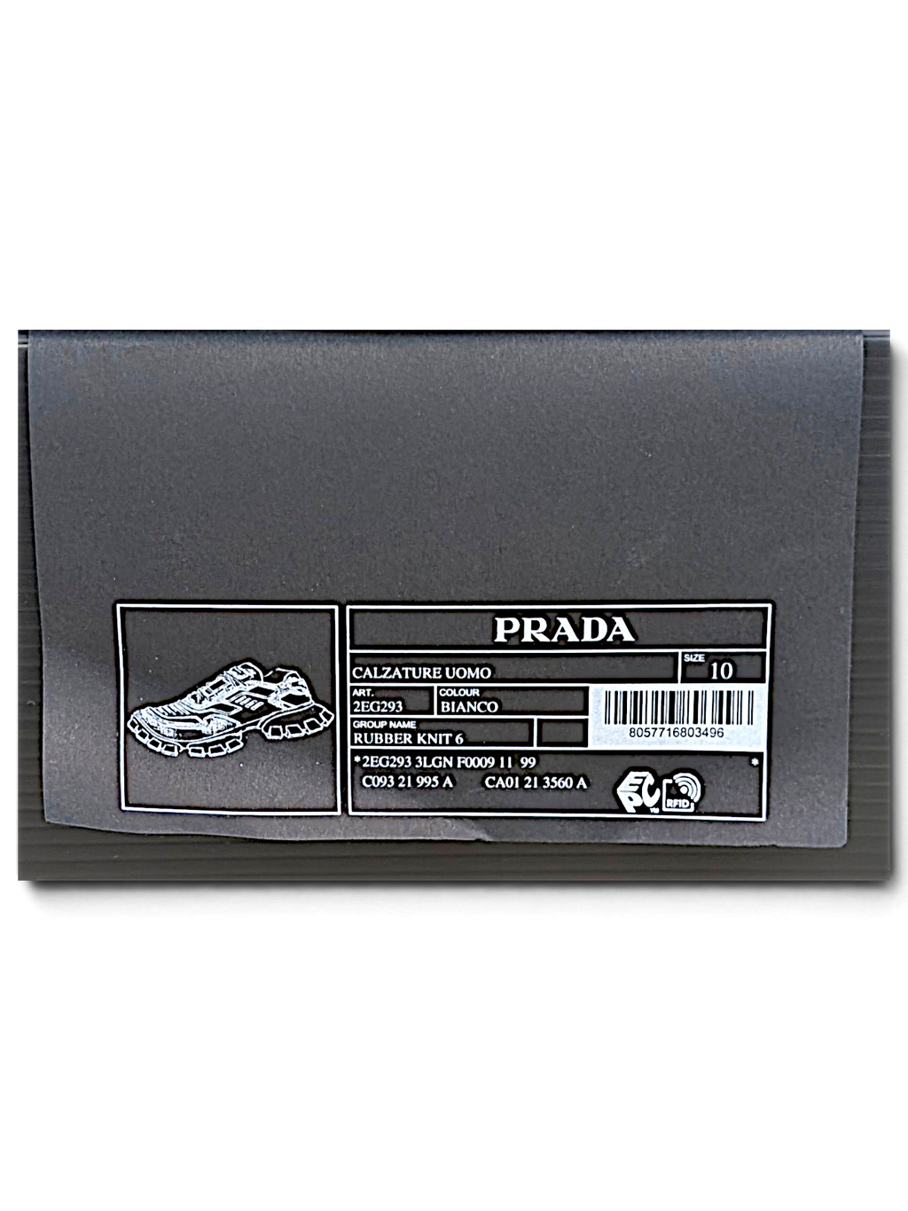 Prada shoe box label showing model 2EG293 3LGN F0009 and men's size 10