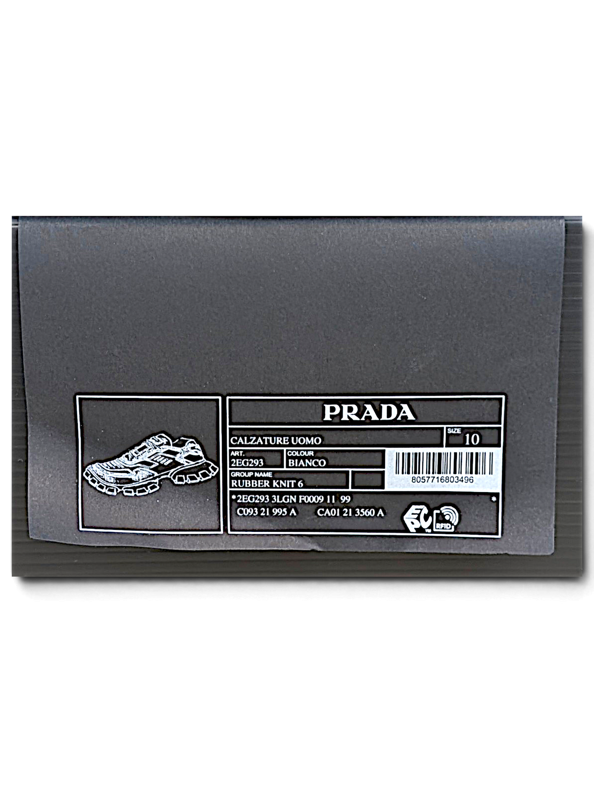 Prada shoe box label showing model 2EG293 3LGN F0009 and men's size 10
