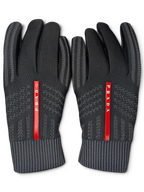 JAKE & IPI black Reusch for Prada knit gloves with red logo stripe and ribbed cuffs in a recycled cardboard box
