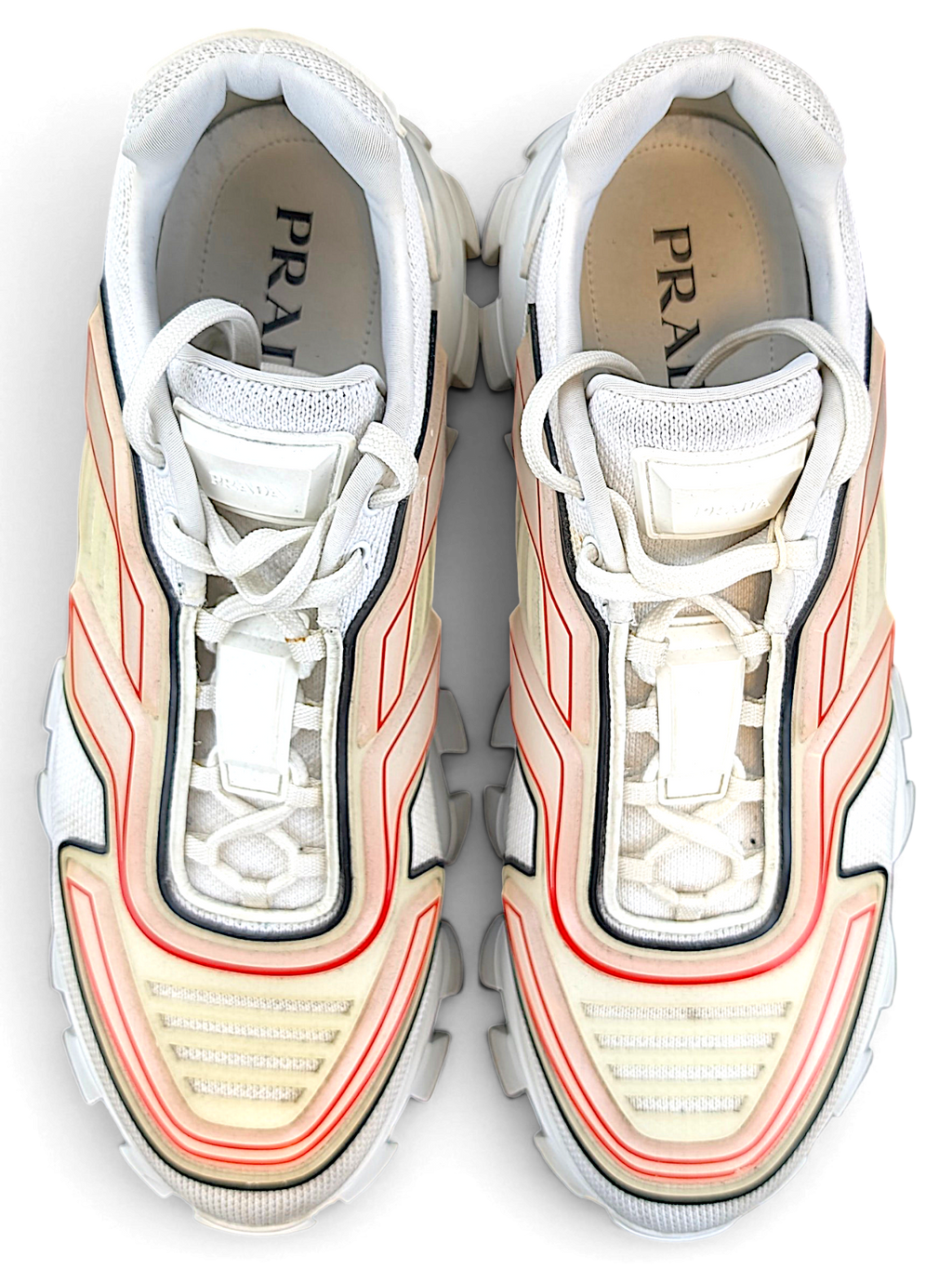 Prada Cloudbust Thunder sneakers, top view showing laces and knit uppers