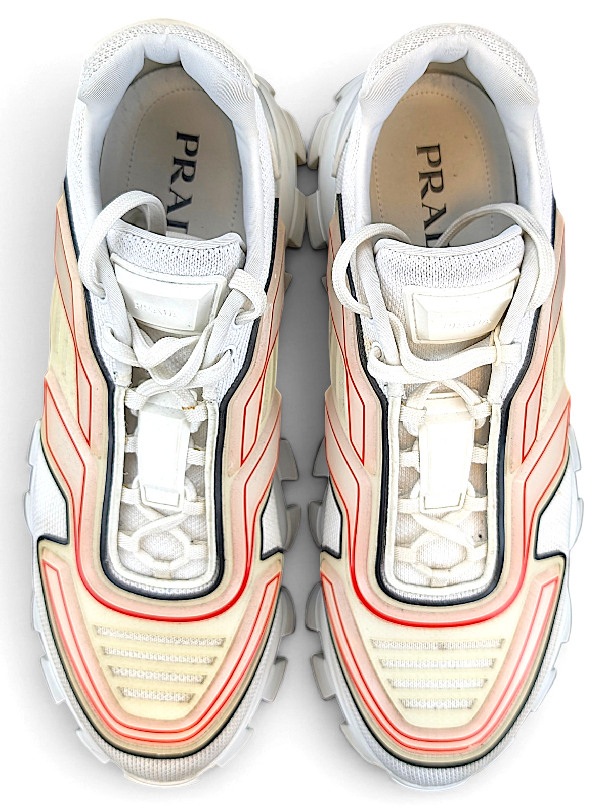 Prada Cloudbust Thunder sneakers, top view showing laces and knit uppers