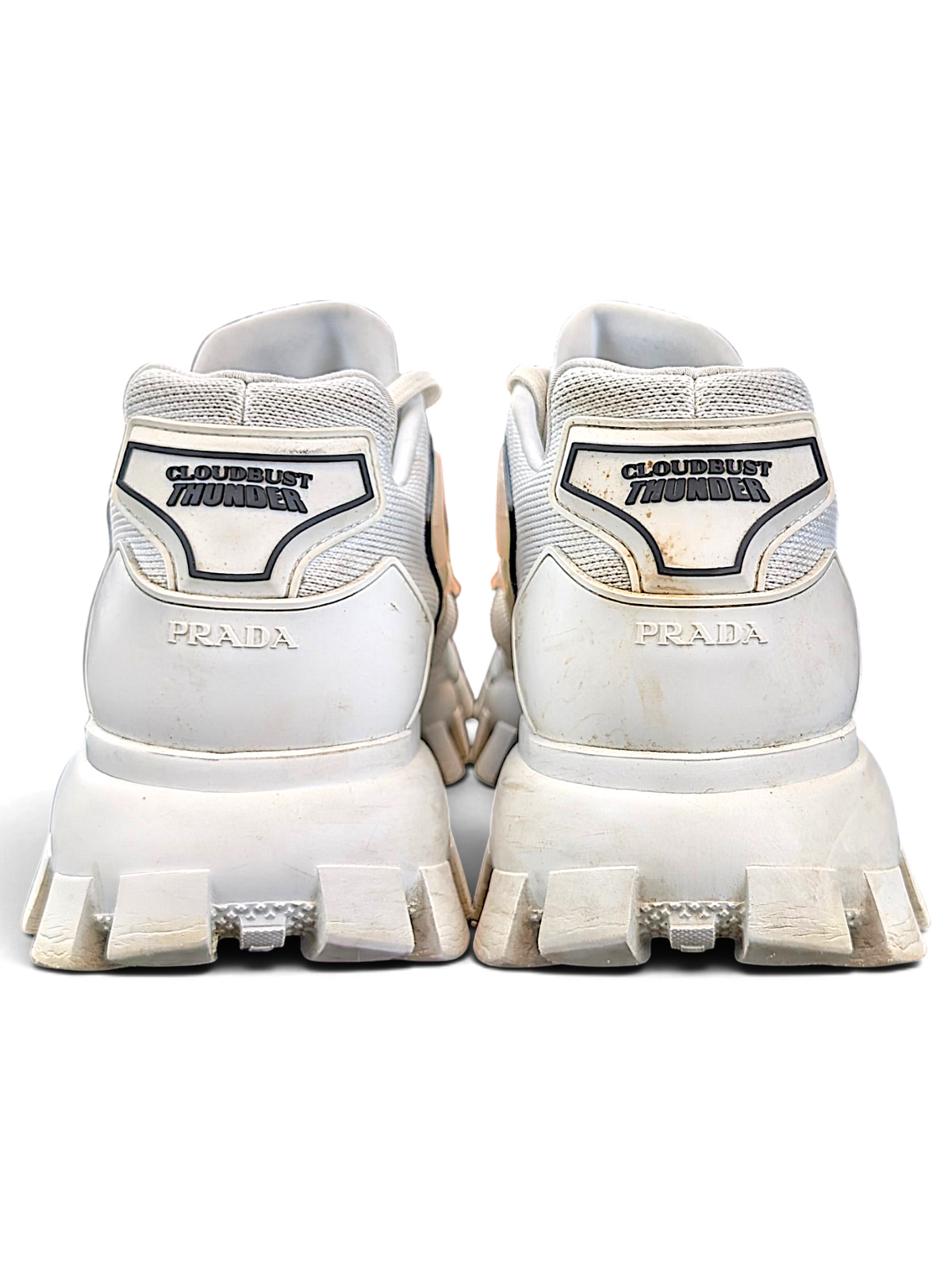 Prada Cloudbust Thunder sneakers, rear view with logo and chunky soles